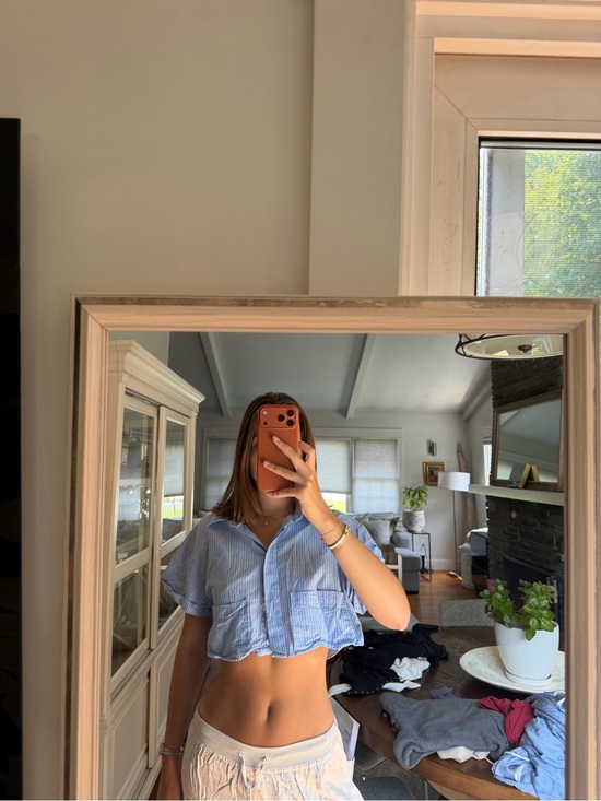 Zara Tops - Zara Light Blue Striped Cropped Button-Up Top